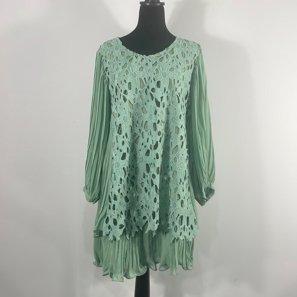 Pretty Angel Dresses & Skirts - Pretty Angel Teal,Aqua,Baby Doll Dress,Tunic, Pleated, Floral,Lace,Sheer,Large